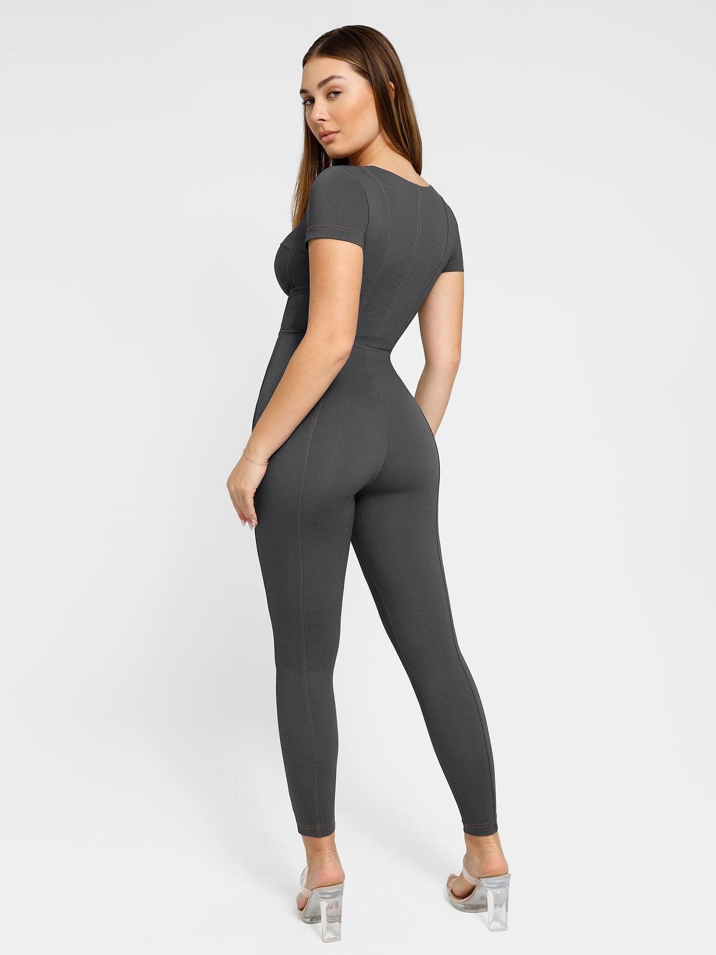 Shapewear Denim Short Sleeve Zip Front Butt Lift Jumpsuit