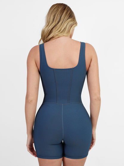 Shapewear Denim Square Neck Zip Front Sculpting Romper