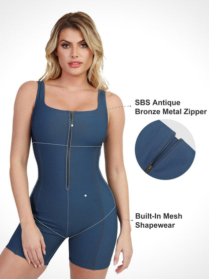 Shapewear Denim Square Neck Zip Front Sculpting Romper