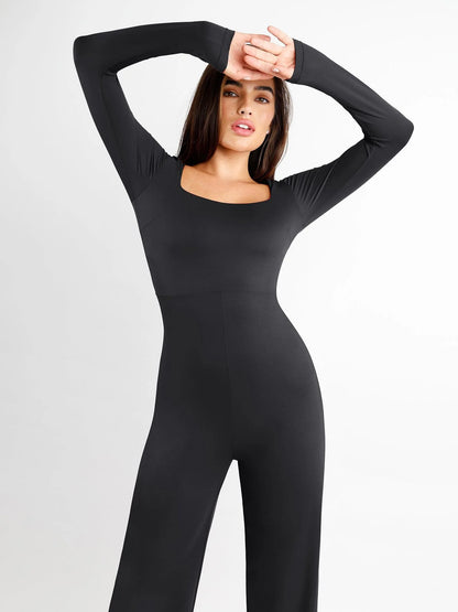 Shapewear Long Sleeve Square Neck Slimming Wide Leg Jumpsuit