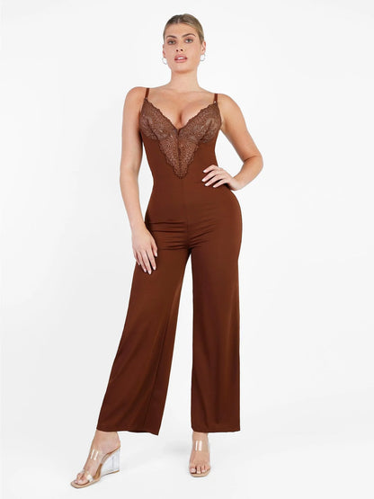 Shapewear Lace Deep V-Neck Sculpting Wide Leg Jumpsuit