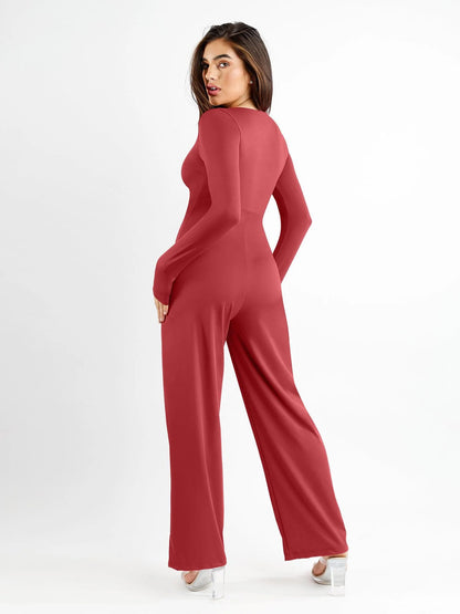 Shapewear Long Sleeve Square Neck Slimming Wide Leg Jumpsuit