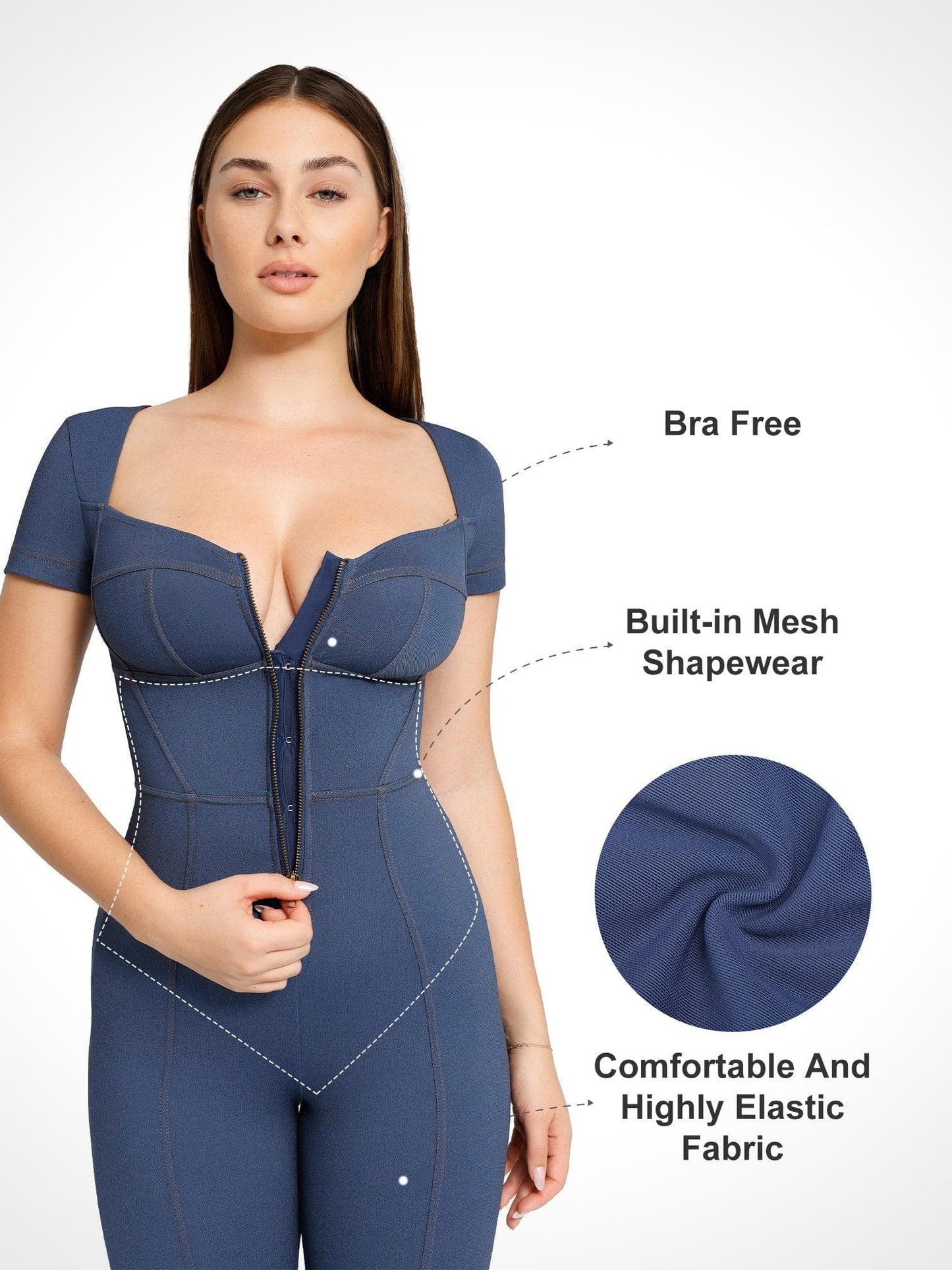 Shapewear Denim Short Sleeve Zip Front Butt Lift Jumpsuit