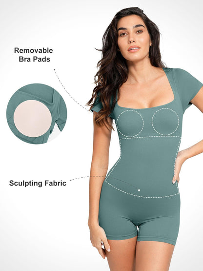 Shapewear Seamless Rib Square Neck Cap Sleeve Romper