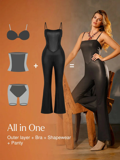 Shapewear Faux Leather Corset Bodice Slimming Jumpsuit