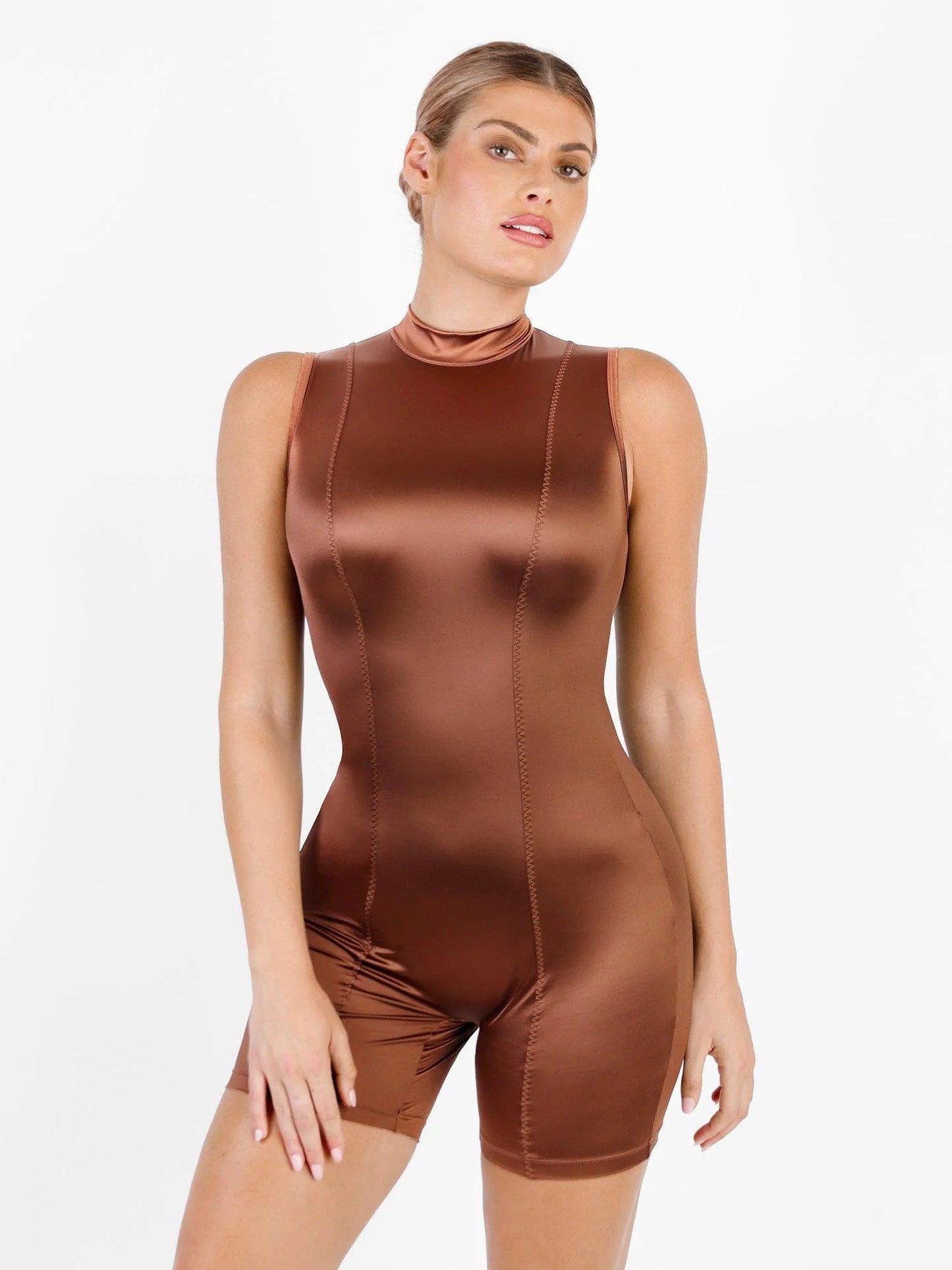 Shapewear Stretch Satin Mock Neck Sculpting Romper