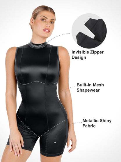 Shapewear Stretch Satin Mock Neck Sculpting Romper