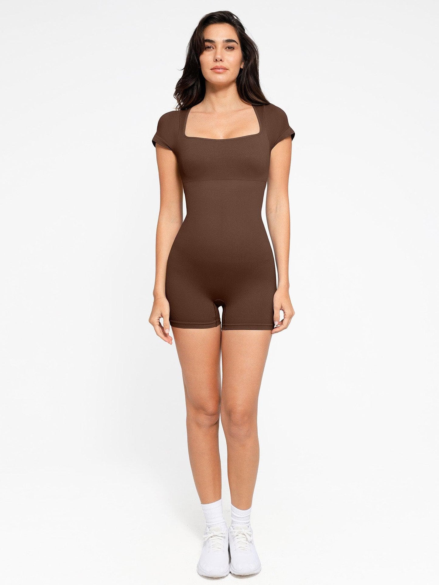 Shapewear Seamless Rib Square Neck Cap Sleeve Romper