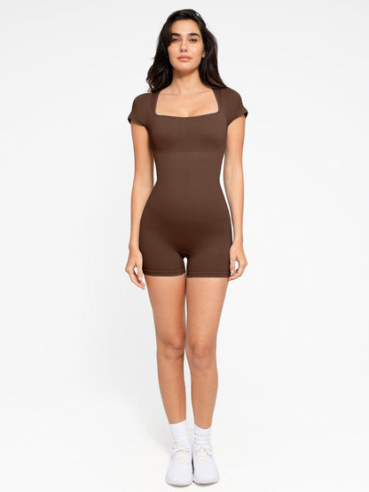 Shapewear Seamless Rib Square Neck Cap Sleeve Romper