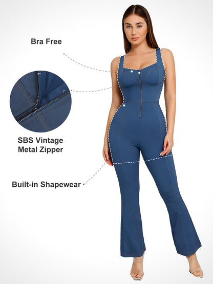 Shapewear Sculpting Denim Tank Flare Leg Jumpsuit