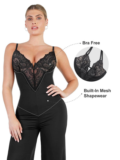 Shapewear Lace Deep V-Neck Sculpting Wide Leg Jumpsuit