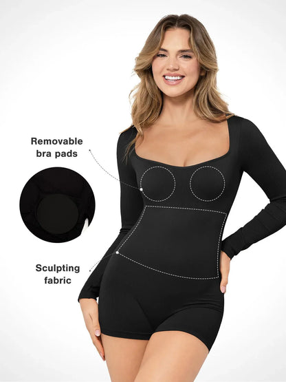 Shapewear Long Sleeve Sweetheart Neck Tummy Control Romper