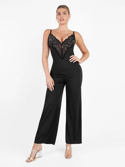 Shapewear Lace Deep V-Neck Sculpting Wide Leg Jumpsuit